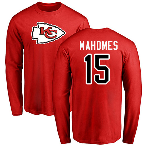 Men Kansas City Chiefs #15 Mahomes Patrick Red Name and Number Logo Long Sleeve T-Shirt